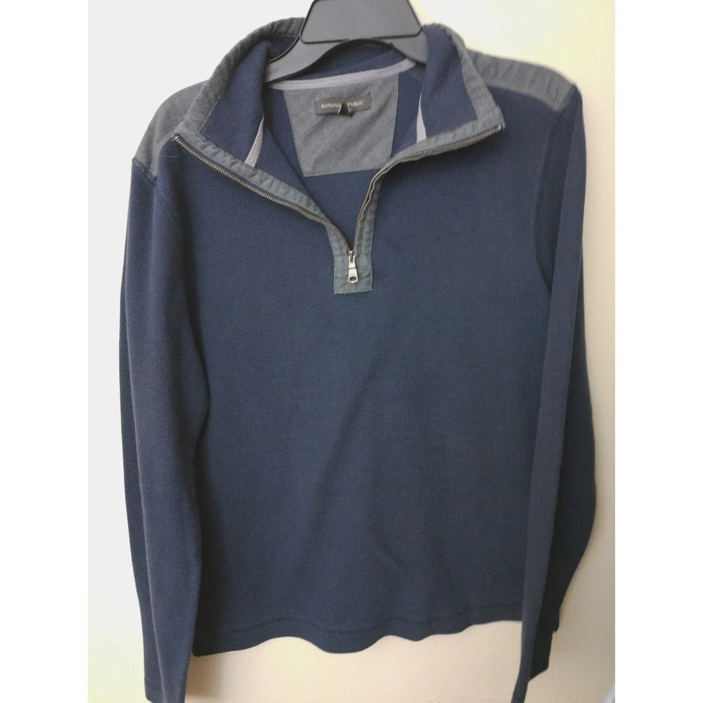 Banana Republic Quarter Zip Pullover Mens Medium Blue Excellent Waffle Knit Mock